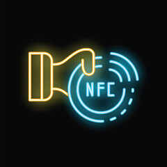 Neon sign illustration representing a hand holding a smartphone and using nfc technology