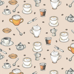 Coffee house and seamless coffee pattern in vintage style