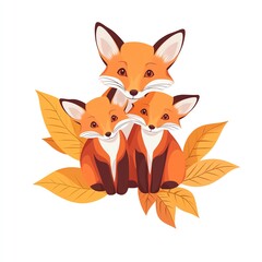 Obraz premium Three friendly foxes surrounded by autumn leaves, showcasing their vibrant orange fur and playful expressions in a whimsical, illustrated style.