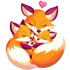 Obraz premium A cute illustration of a mother fox and her two kits, nestled together with warmth and love, surrounded by hearts.