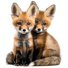 Obraz premium Two adorable red fox cubs sit closely together, showcasing their fluffy fur and playful expressions.