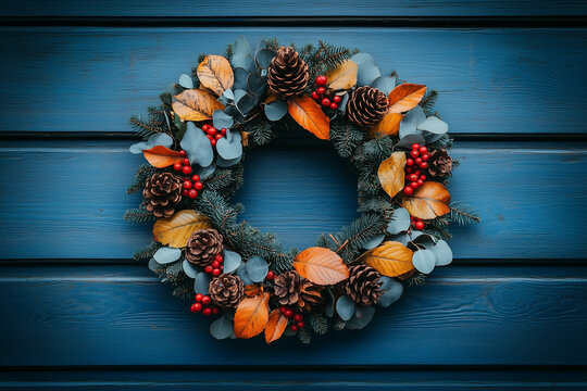 jolie couronne de porte d&eacute;corative d'automne, feuilles, pommes de pin, sapin et houx