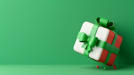 3D Colorful Christmas Gift Box on Green Background
