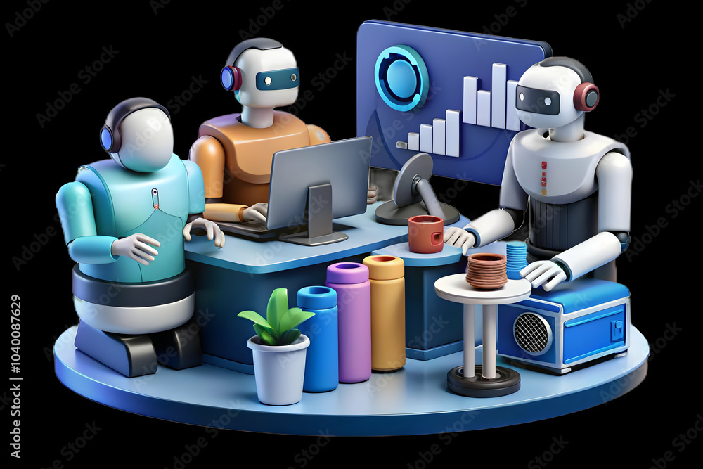 Poster glossy office environment humans robots collaboration modern workspace teamwork efficiency professio