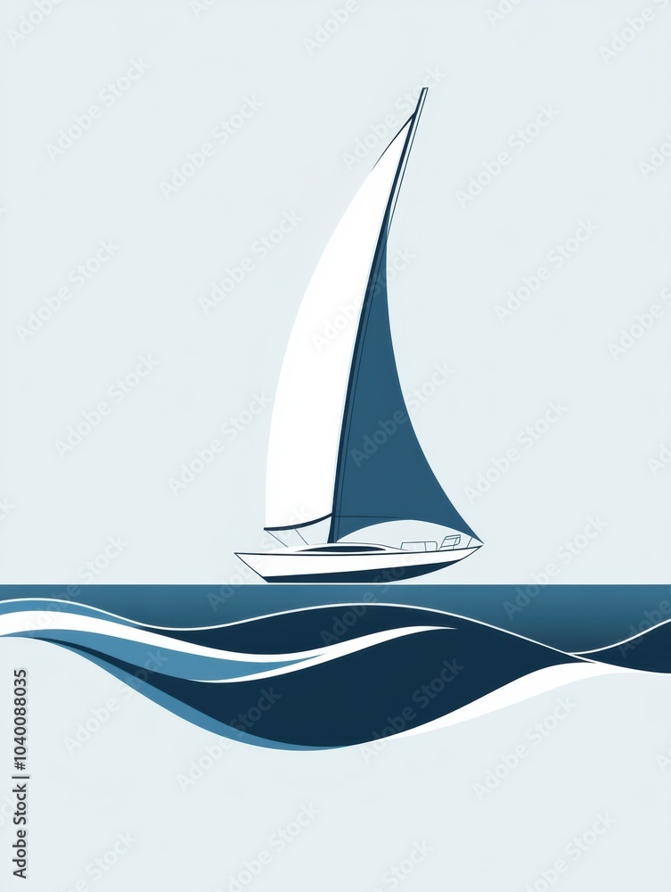 Aufkleber a sleek sailboat with billowing sails navigates through calm, minimalist waves under a clear sky, cr