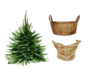 Obraz premium Watercolor Christmas tree with craft paper pack and basket. Happy New Year green spruce illustration. Winter holidays evergreen pine tree in rustic pot.