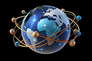 Glowing Earth Surrounded by Data Streams Over Bokeh Background - Digital Art Image Illustrating Interconnected Global Data Network with Copy Space for Photo Stock Concept