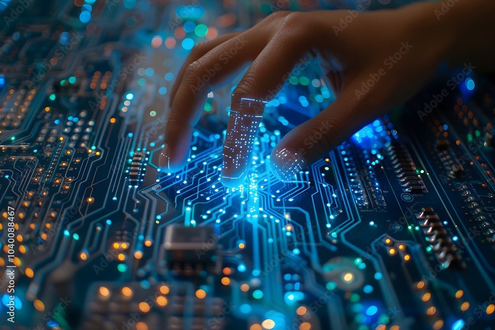 Poster exploring the intricacies of technology: a hand interacting with a circuit board