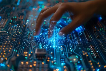 Obraz premium Exploring the Intricacies of Technology: A Hand Interacting with a Circuit Board