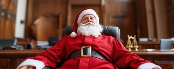 Santa Claus relaxing in a chair, surrounded by festive decorations, festive spirit, holiday cheer.