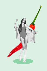 Vertical photo collage of happy girl dance wear swimsuit rollers eat lollipop hot red pepper sexy...