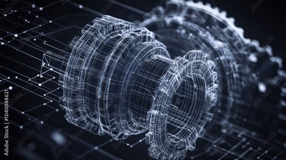 Poster wireframe illustration of a gear. mechanical technology machine engineering symbol. project developm