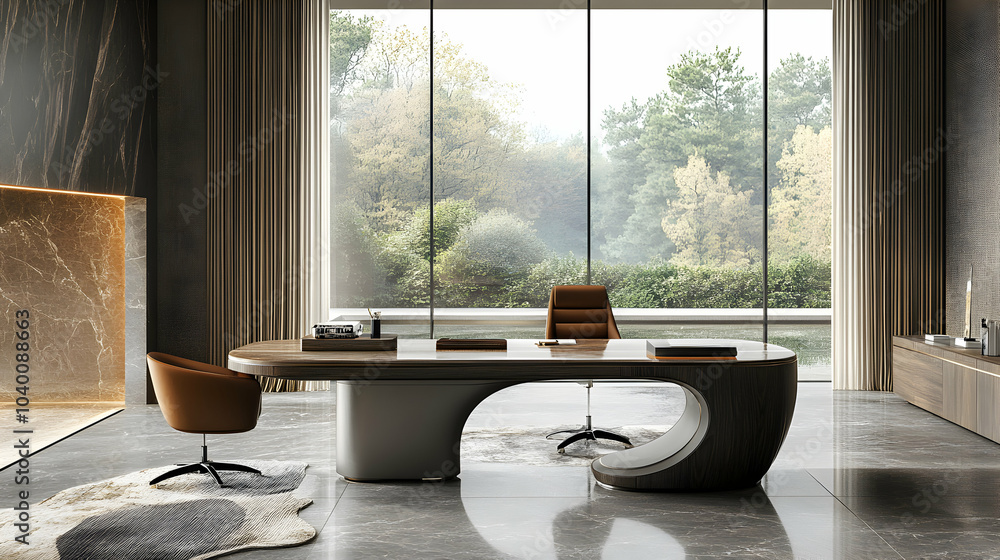 Poster modern minimalist writing desk with clean lines and open workspace in bright interior setting