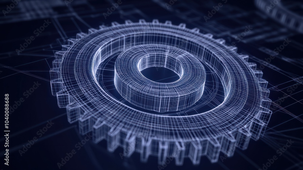 Poster wireframe illustration of a gear. mechanical technology machine engineering symbol. project developm