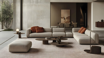 Modular Sofa Arrangement with Multiple Pieces in a Spacious Living Room Setting