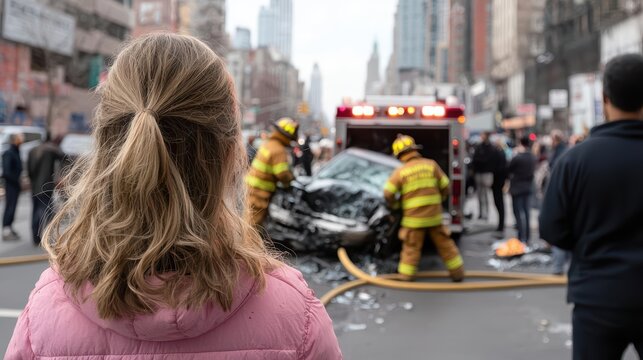 A concerned bystander watches as firefighters respond to a car accident in an urban setting.