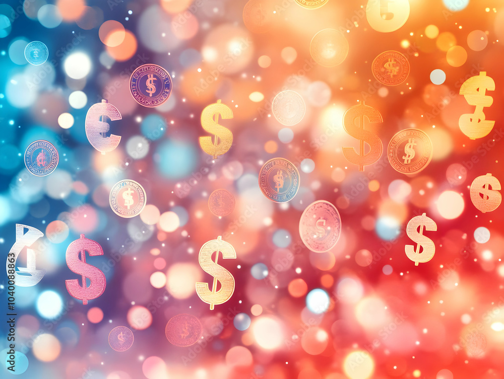 Aufkleber flat bokeh currency symbols floating concept soft focus design with cool tones for rising revenue; v