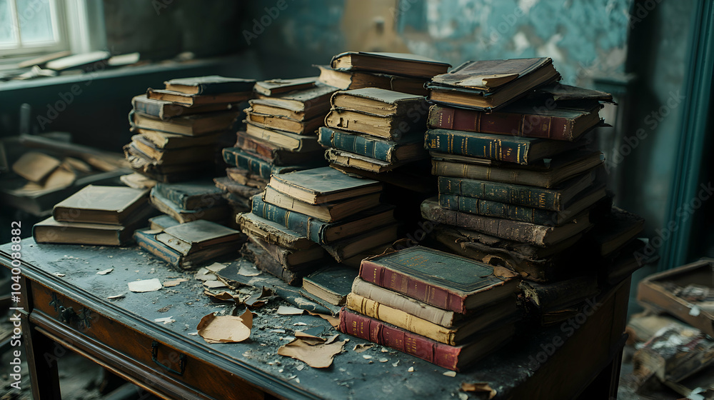 Poster a stack of old weathered books with worn-out covers displayed on a rustic surface