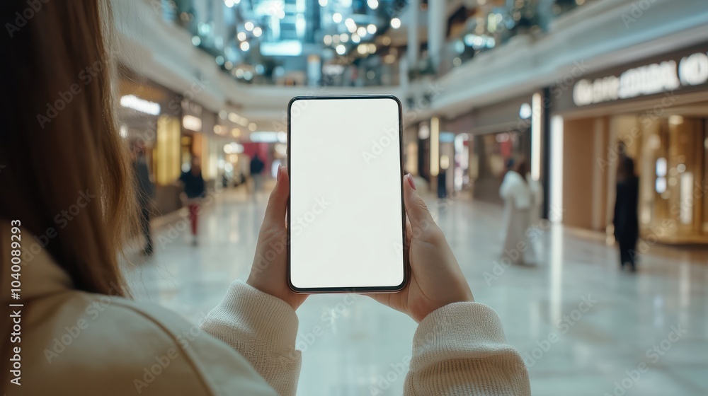 Poster Woman holding and touch smartphone blank screen in the mall. Take your screen to put on advertising.