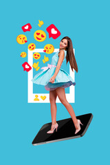 Composite trend artwork sketch photo collage of young lady stand smartphone display model posing fashion dress emoji face frame thumb like