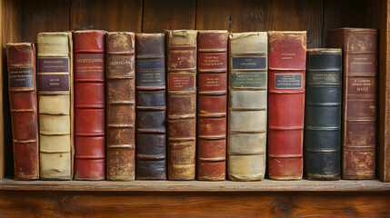 Naklejka premium A Row of Historical Books on a Wooden Shelf in a Traditional Library Setting