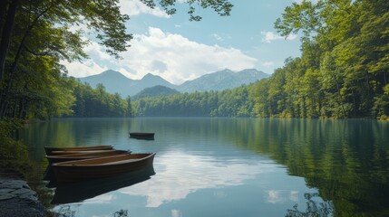 A beautiful lake view with small boats floating on the calm water, surrounded by lush green forest and distant mountains.