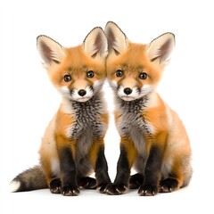 Two adorable red fox cubs sit side by side, showcasing their fluffy fur and playful expressions.