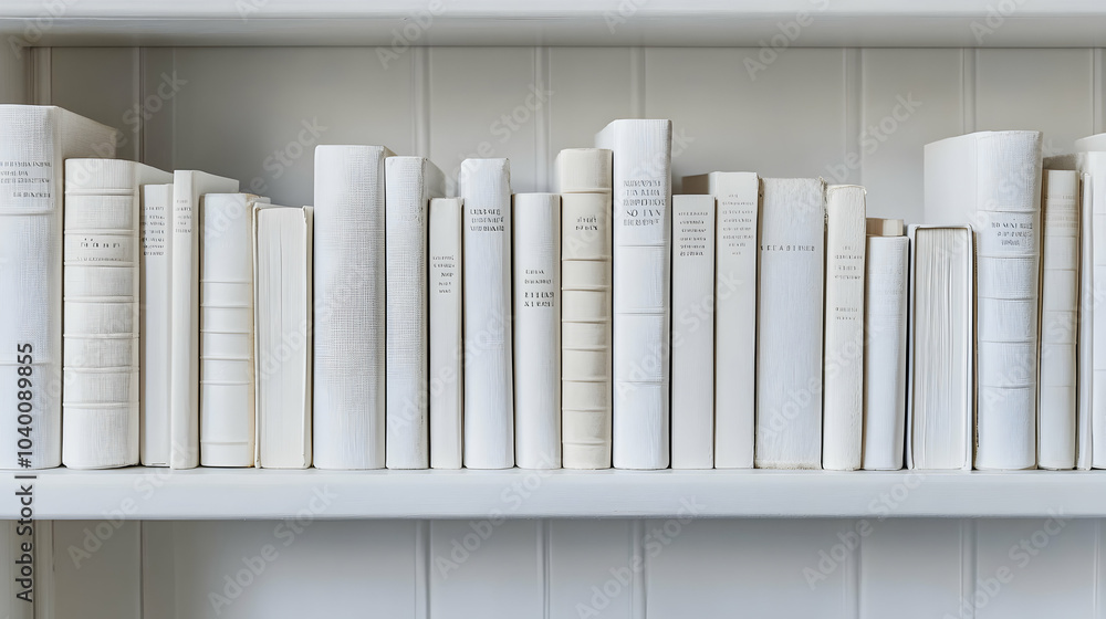 Poster a minimalist display of pristine white books aligned on a clean shelf in a modern setting