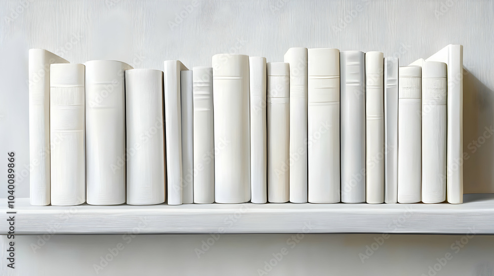 Poster a row of pristine white books on a minimalist bookshelf in a bright modern space