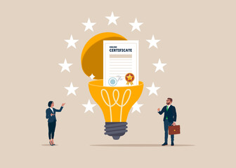 Business people open light bulb to see certificate and award paper. Prize and appreciation concept, best graduate, cum laude. Flat Vector illustration.