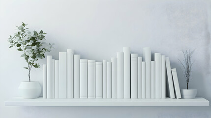 A Row of Pristine White Books Lined Up on a Minimalist Bookshelf in a Modern Interior Setting