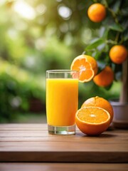 Naklejka premium ORANGE JUICE ON THE TABLE WITH A BEAUTIFUL VIEW