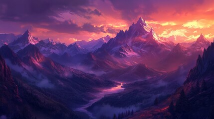 Obraz premium A beautiful view of the mountains at dusk, with the last rays of sunlight lighting up the peaks and the sky slowly turning purple and orange.