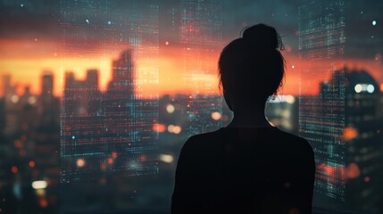 Fototapeta premium Woman Silhouetted Against Cityscape and Data Visualizations