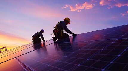 Workers assembling solar panels on a rooftop, ensuring optimal placement, as a pastel sunset paints the evening sky.