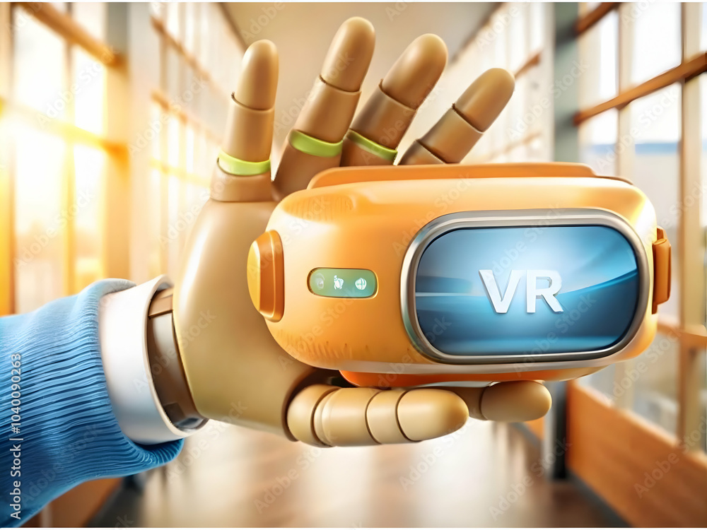 Poster close up vr gloves manipulating virtual objects macro image of hands wearing vr gloves in blurred of