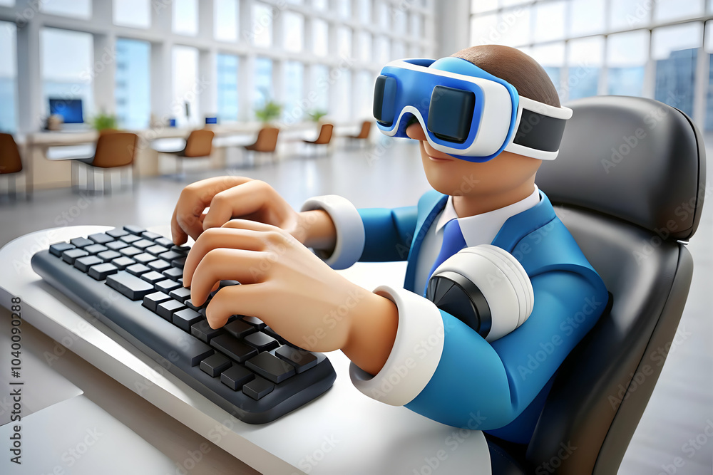 Poster close up hands typing virtual keyboard vr controllers macro shot office background integration virtu