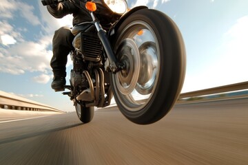 Naklejka premium A motorcyclist pulling a high-speed wheelie on a clear, open highway
