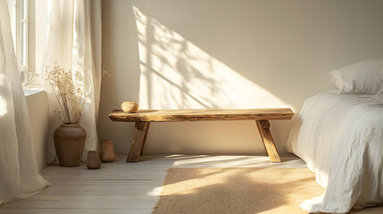 Rustic Wooden Bench at the Foot of a Minimalist Landscape, Capturing Natural Serenity and Simple Elegance