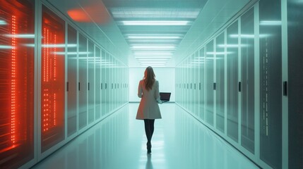 Woman walking in high tech facility, using laptop to patch network issues leading to slow data transfer rates. Employee in data center fixing errors affecting servers performance, camera A