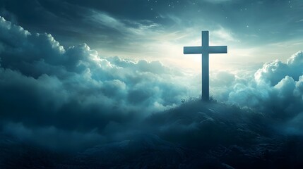 Majestic Cristian Cross Shimmering in Heavenly Light and Clouds