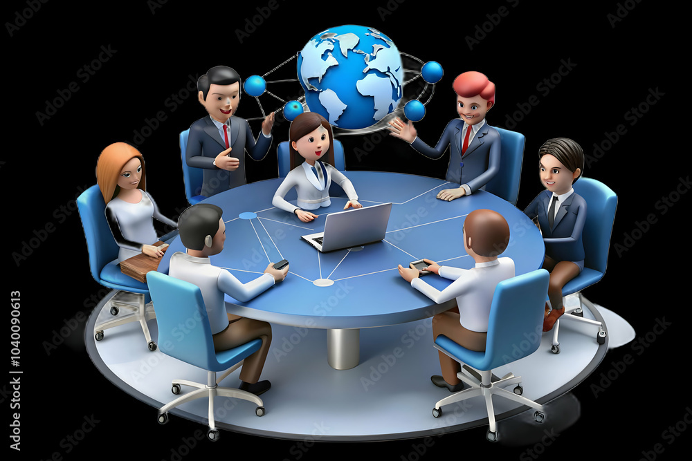 Poster diverse business professionals collaborating over digital world map on conference table symbolizing 