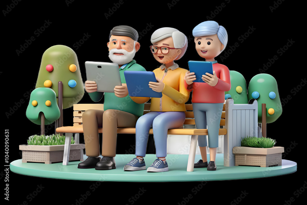 Poster seniors engaging with community using smart tablets in park concept - candid image of older adults c