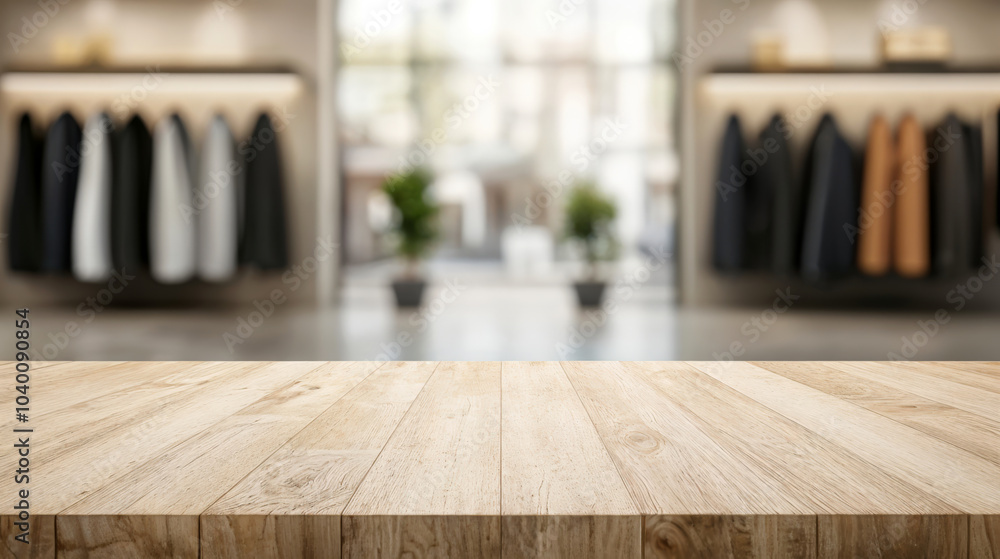 Aufkleber empty wooden table top with blurred clothing store background for product display