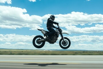 A motorcyclist pulling a high-speed wheelie on a clear, open highway