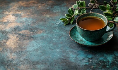 Herbal tea in cup on rustic background.