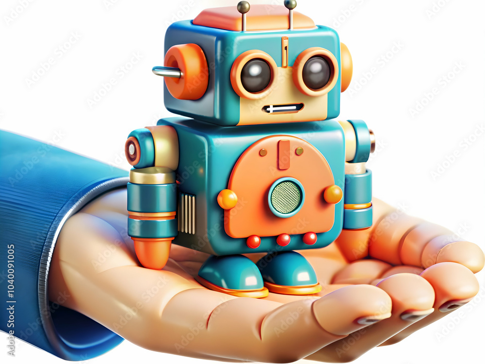 Poster macro shot human hand holding tiny ai robot concept close-up image symbolizing control collaboration