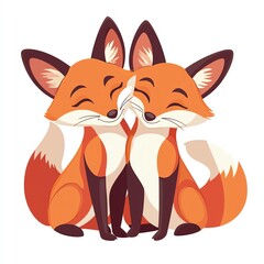 Obraz premium Two charming, cartoon foxes snuggle closely, expressing affection with cheerful smiles amidst playful colors.