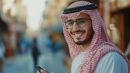 Fototapeta premium Young arab man smiling confident using smartphone at street