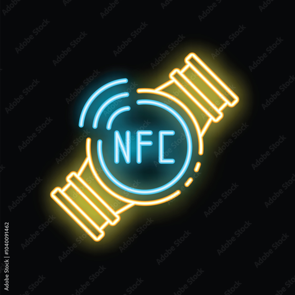 Poster neon icon representing a smartwatch with nfc functionality, emitting blue waves to symbolize wireles